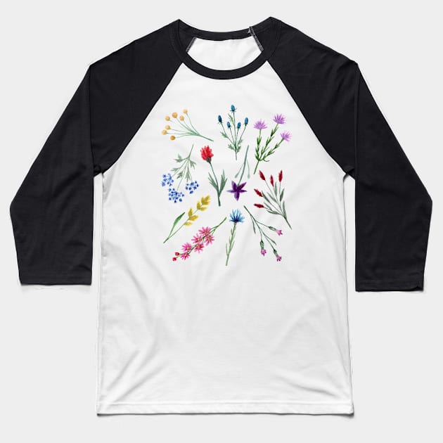 Watercolor Wildflowers Pattern Baseball T-Shirt by Whimsical Frank